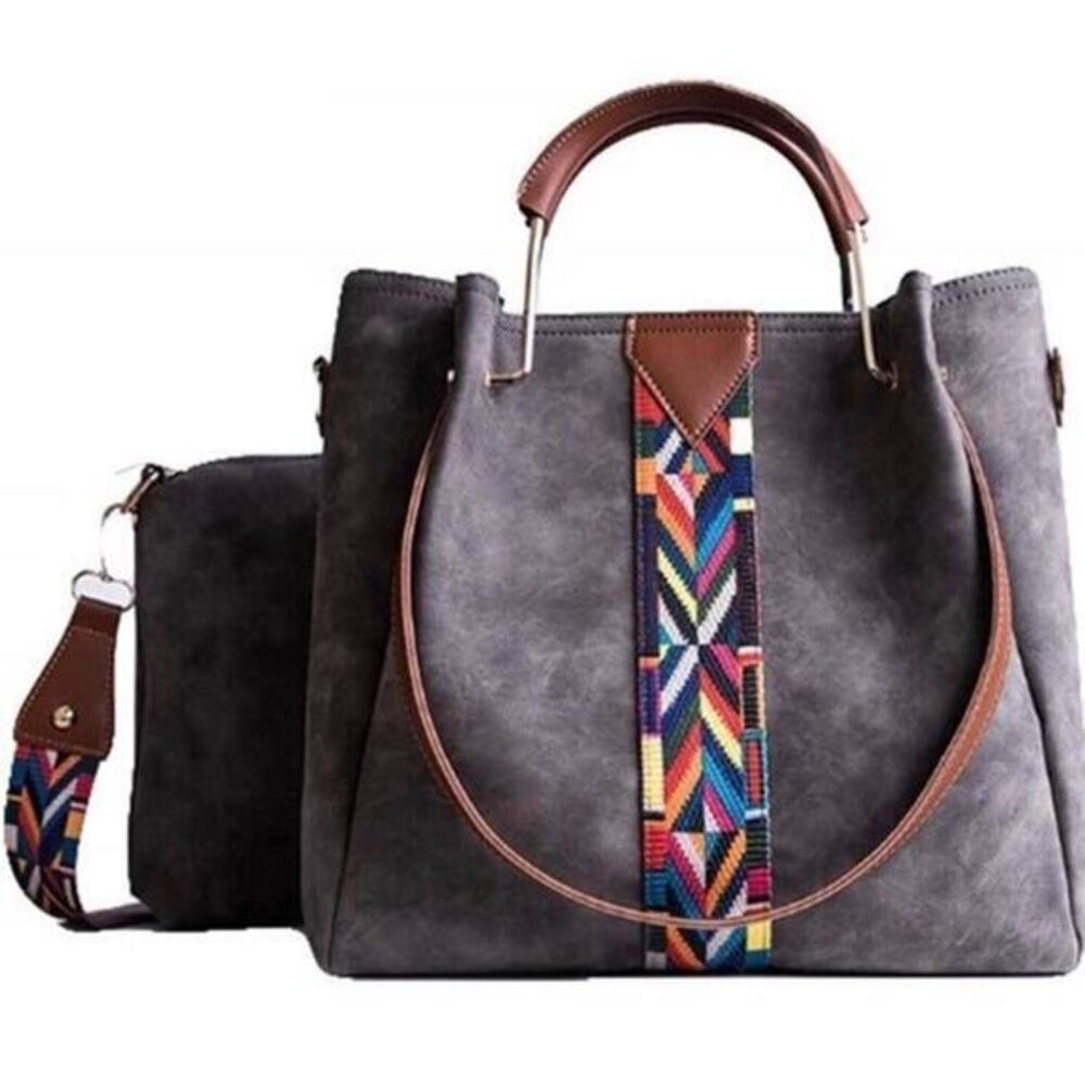 Women's Shoulder Bag 2 Pc Convertible Crossbody Wide Strap Gray Tote Boho NEW